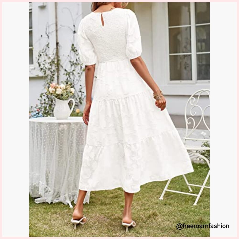 Puff Sleeve Smocked Floral Midi Dress, Crewneck Lace Tiered Summer Dress - Picture 4 of 7